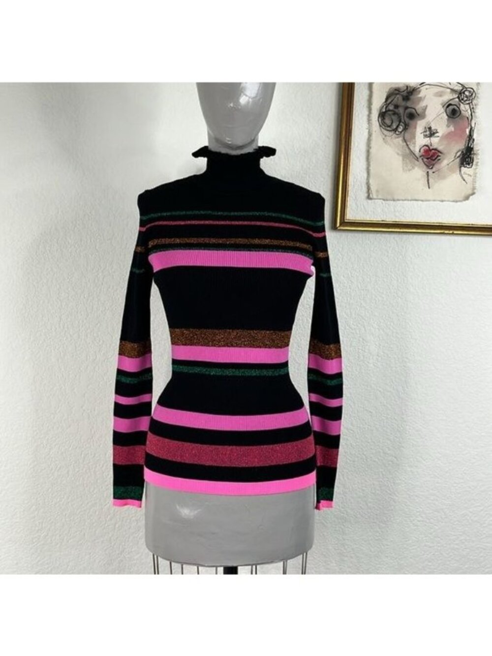 TANYA TAYLOR Hadley Metallic Stripe Ruffle Neck Sweater In Black Multi
